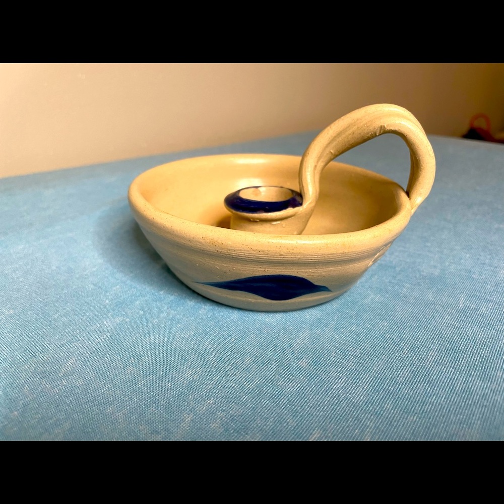 Williamsburg Pottery Salt Glazed Chamber Stick Cobalt Blue Leaf Candle Holder